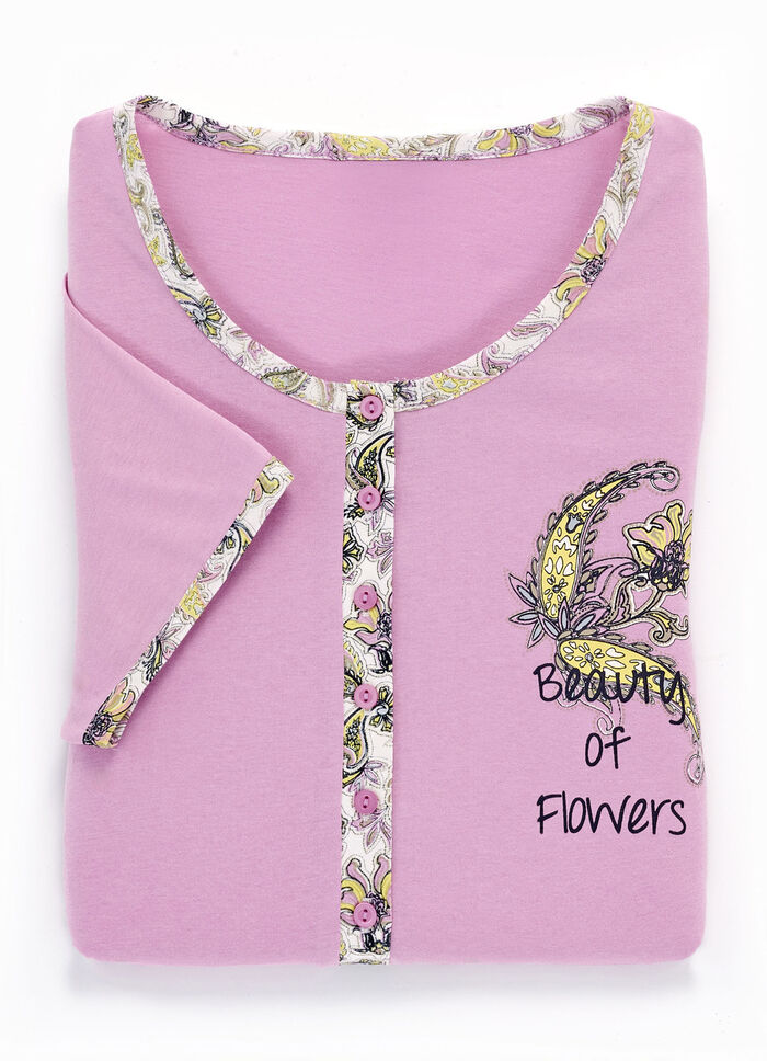 Tweepack nachthemden met lange knoopsluiting, borduurwerk en korte mouwen 1X GELB, 1X ROSA