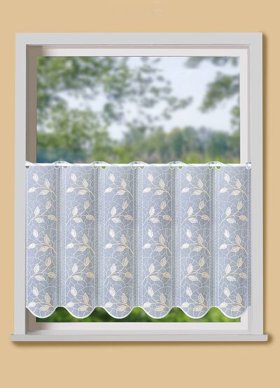 Kort gordijn met filigraan geborduurd bladmotief 