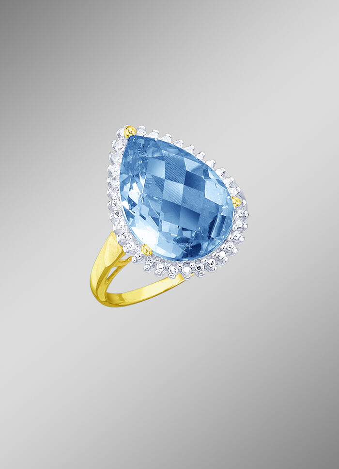 Damesring met diamanten en echte blauwe topaas in druppelvorm 