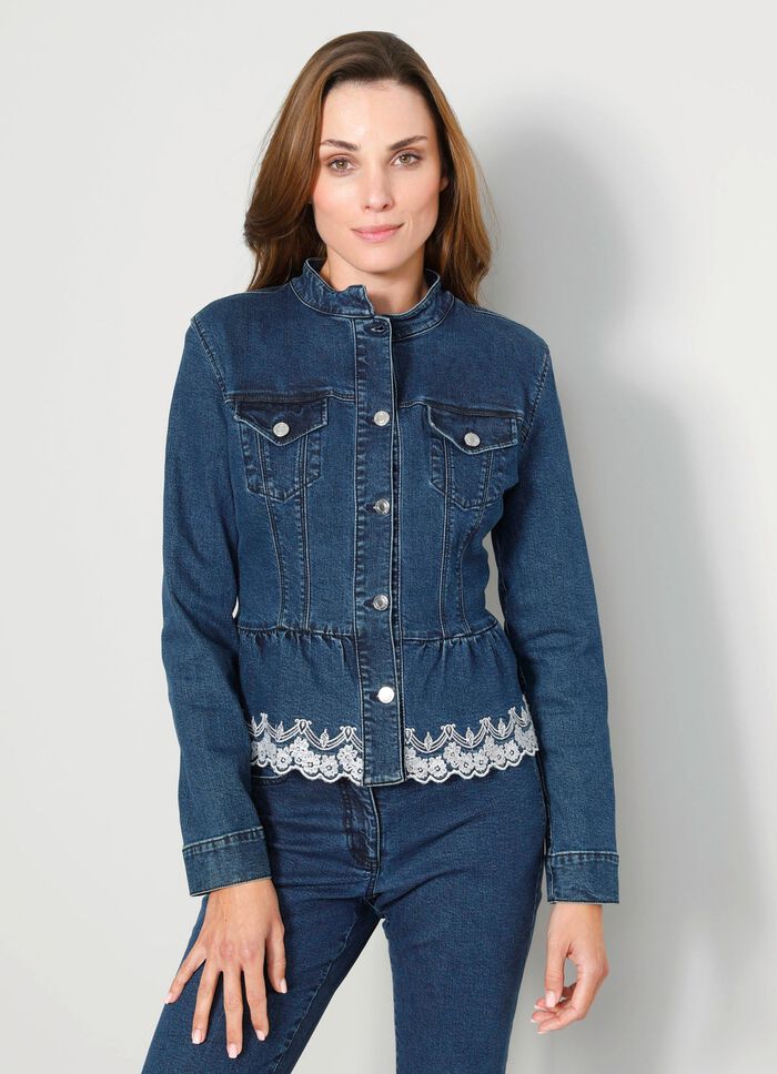 Denim blazer met decoratieve kantlook 
