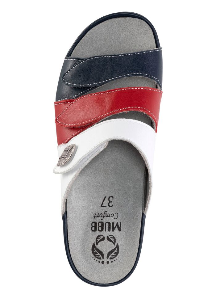 Mubb muiltjes van nappaleer met metalen decoratie BLAUW-ROOD-WIT