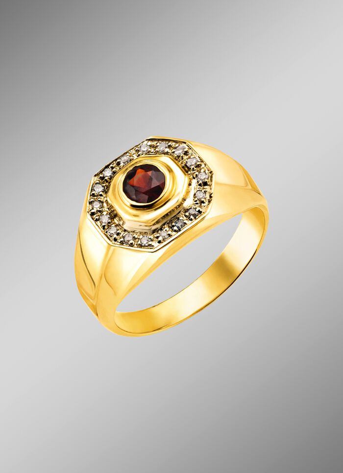 Hoogwaardige herenring met granaat en diamanten 