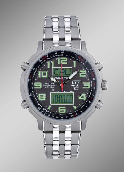 Radiogestuurd ETT-herenhorloge op zonne-energie met roestvrijstalen polsband en kast 