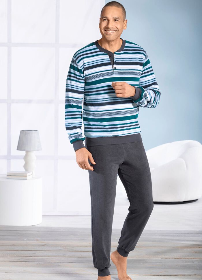 Pyjama van badstof-stretch, met knoopsluiting en manchetten 