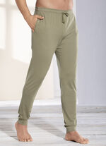 Slaap- en vrijetijdsbroek van biologisch katoen, manchetten en trekkoord OLIJFGROEN