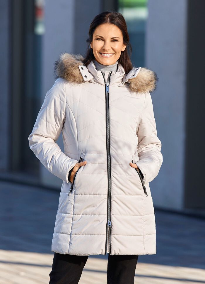 Functionele lange jas met voering van imitatiebont in de capuchon 