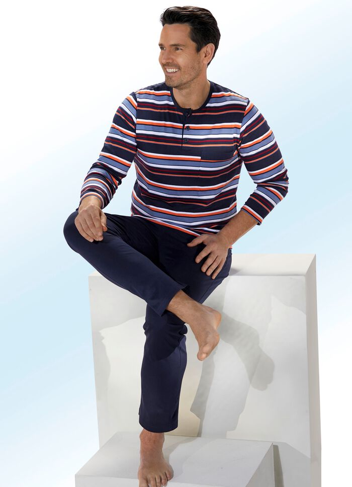 Set van twee pyjama's met knoopsluiting en garengeverfd gestreept dessin 