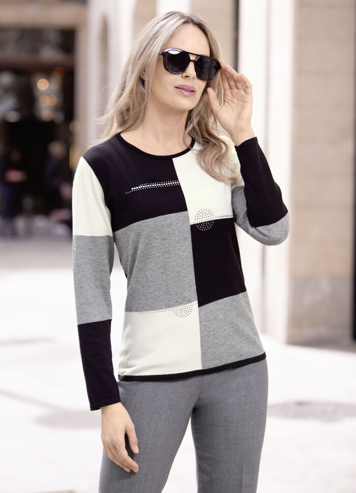 Trui met decoratieve bordversiering ZWART-GRIJS GEMÊLEERD-ECRU