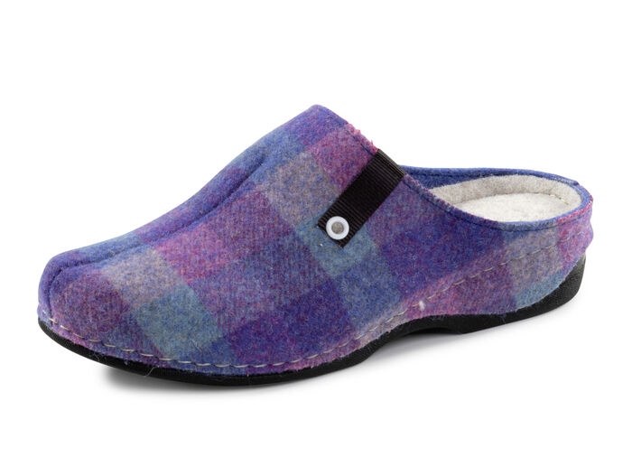 Laurina pantoffels gemaakt van geruit textielmateriaal BLAUW-PAARS