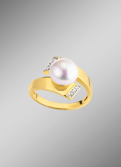 Damesring met zoetwaterkweekparels en kunststof. zirkonia 