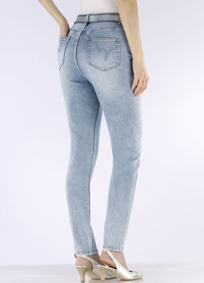 Jeans met strassversiering en glanzende bloemmotieven 