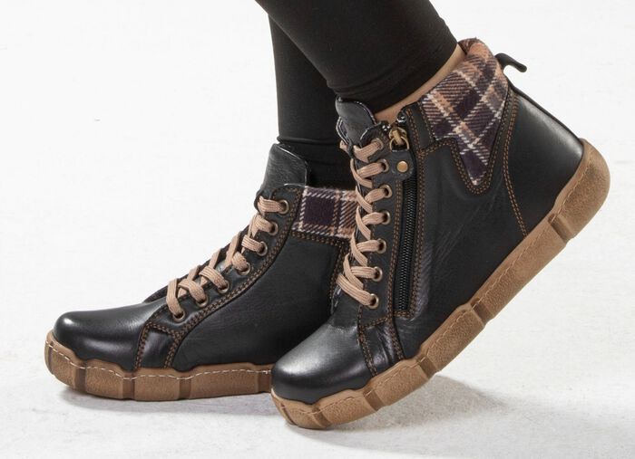 Veterlaarsje Andrea Conti met geruite textielboord ZWARTBRUIN