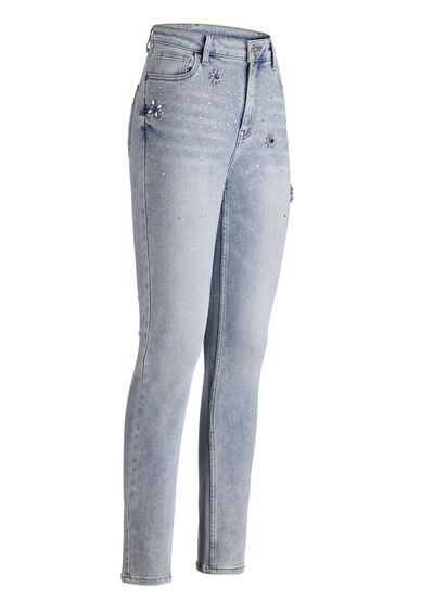 Jeans met strassversiering en glanzende bloemmotieven 