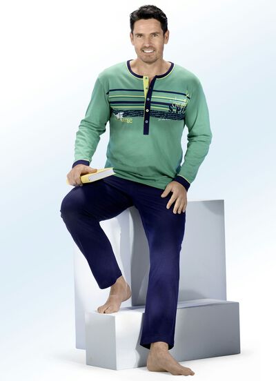 Pyjama met lange knoopsluiting, gestreept motief en geplaatst printmotief 
