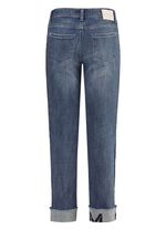 Jeans met franjezoom en opschrift op &eacute;&eacute;n been 