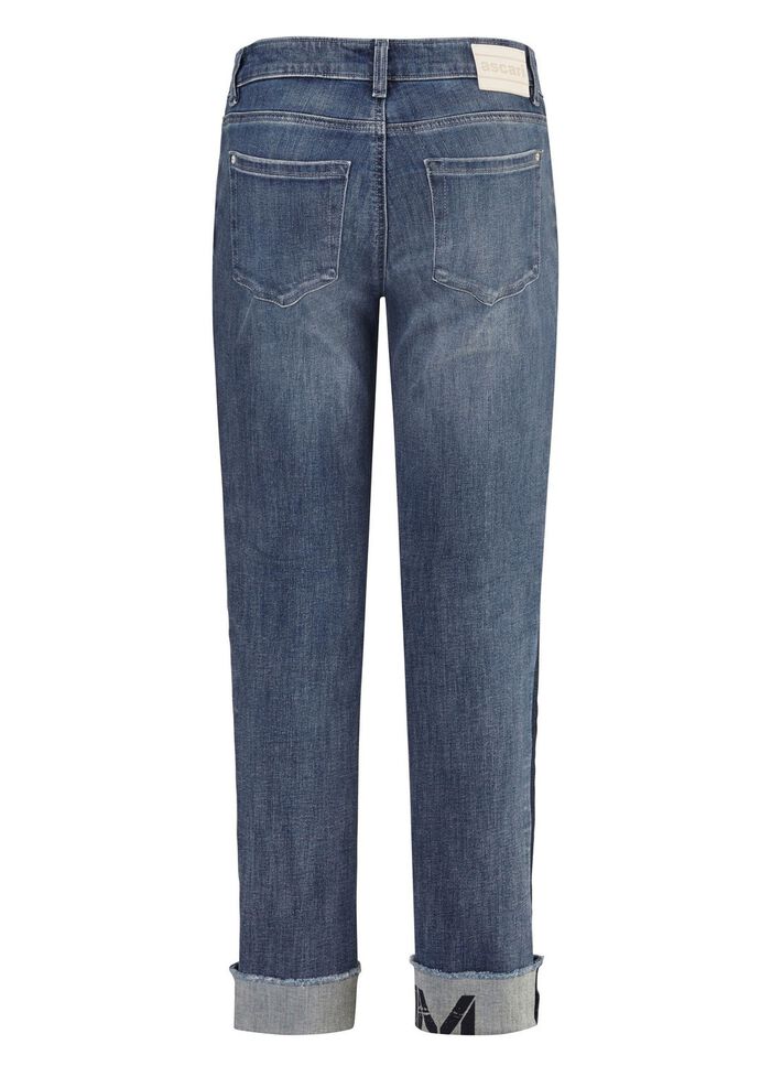 Jeans met franjezoom en opschrift op &eacute;&eacute;n been 