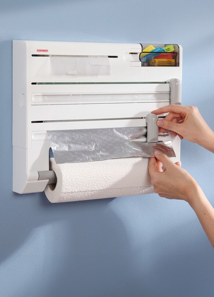 Leifheit wandrolhouder met plakbanddispenser en doos voor kleine onderdelen 