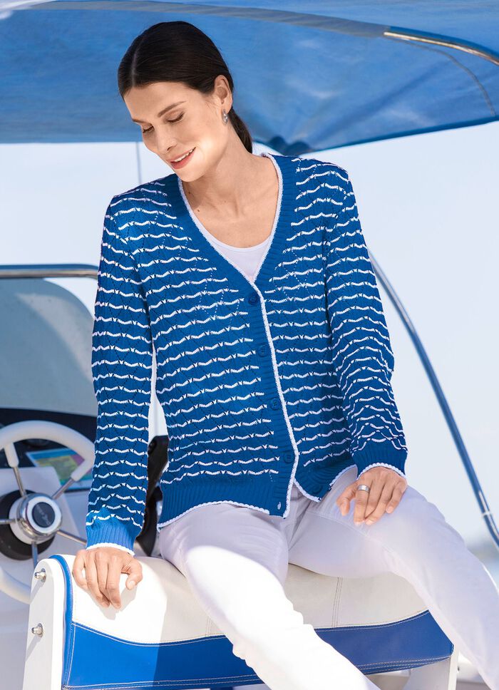 Cardigan met fijne streepjes en opengewerkte ruiten AZURBLAU-WEISS