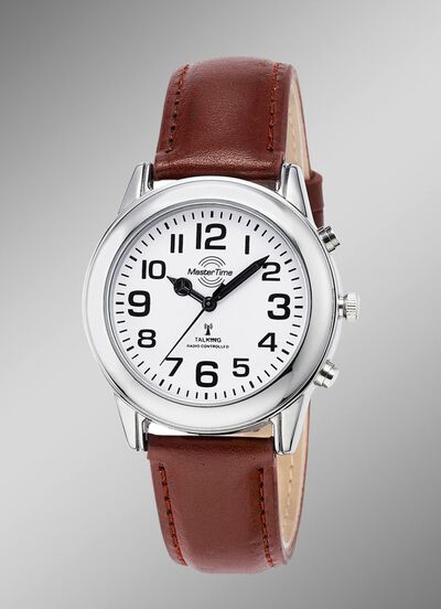 Radiogestuurd herenhorloge met leren band en spreektijdaanduiding 