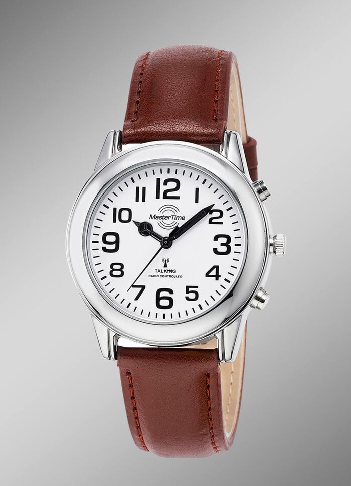Radiogestuurd herenhorloge met leren band en spreektijdaanduiding 