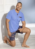 Shortama met knoopsluiting, borstzakje en ruitjesmotief BLAUW-MULTICOLOR