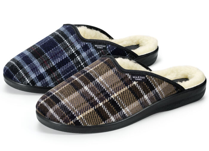 Tweepak gevoerde herenpantoffels met wol 1 X BRUIN, 1 X BLAUW