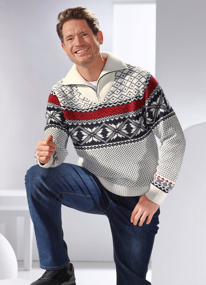 Noorse trui met patroon WIT-MARINEBLAUW-ROOD