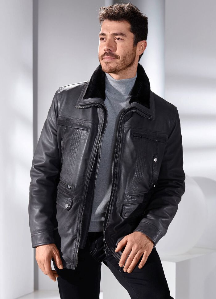 Leren jas met afneembare imitatiebontkraag 