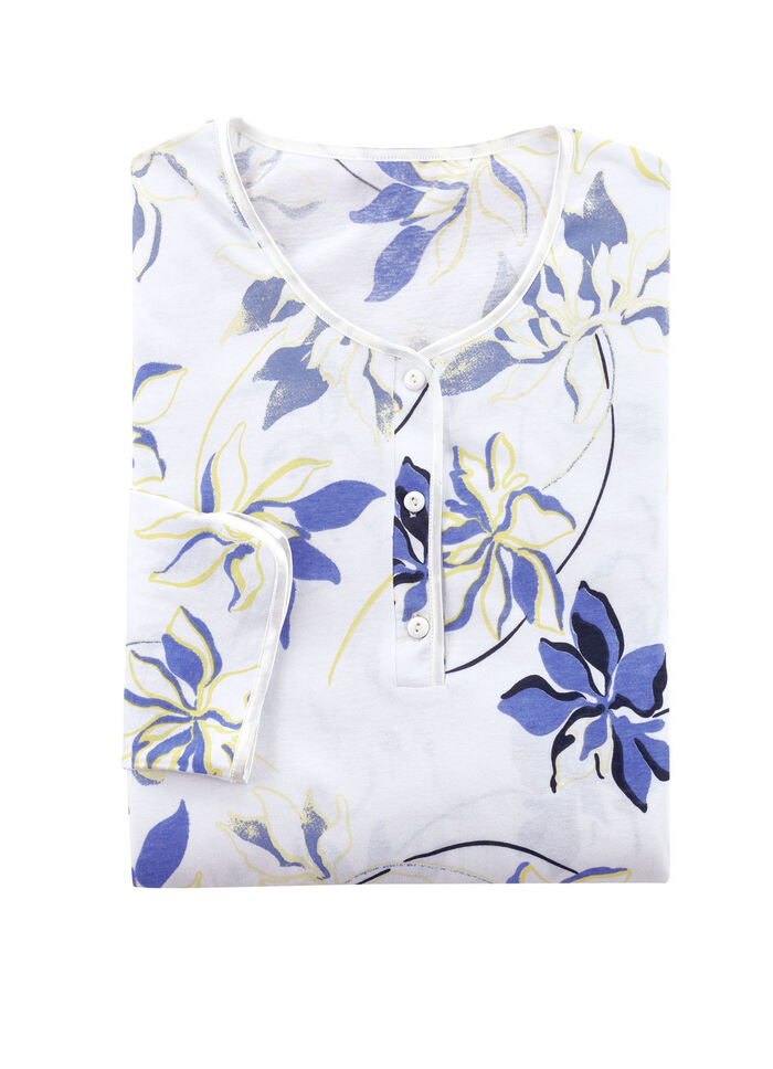 Twee-pack nachthemden, effen en all-over dessin met knoopsluiting 1X ROYALBLAU, 1X WEISS-BUNT