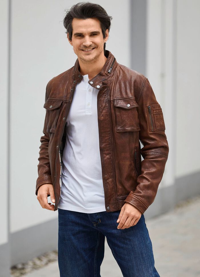 Kort leren jack met opstaande kraag 