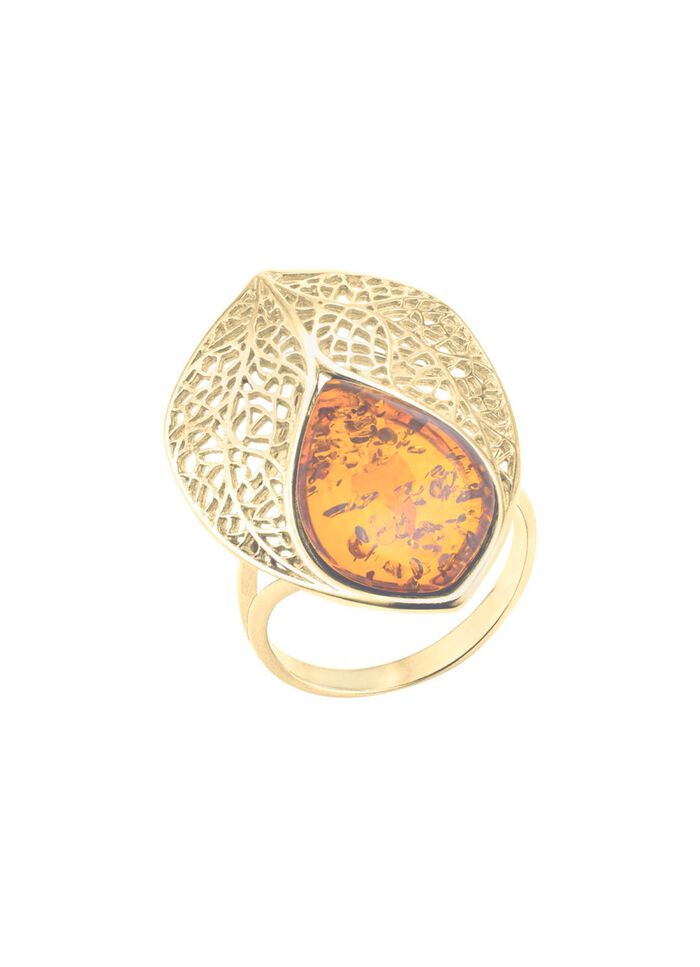 Vergulde damesring met barnsteen 