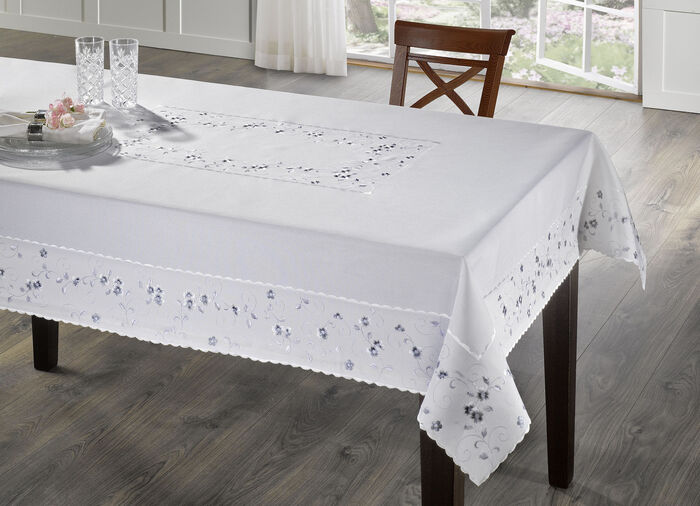 Geborduurde tafel- en kamerdecoratie met bloemenrand WIT-GRIJS