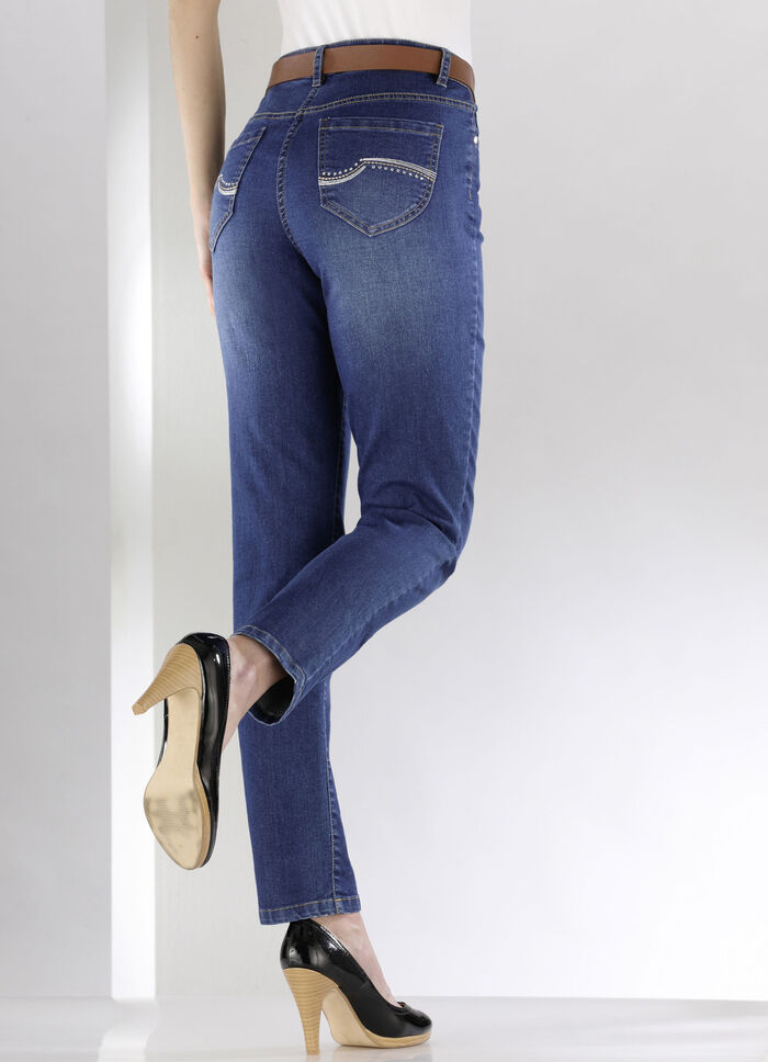 Jeans met prachtige borduursels en fonkelende strass steentjes JEANS BLAUW