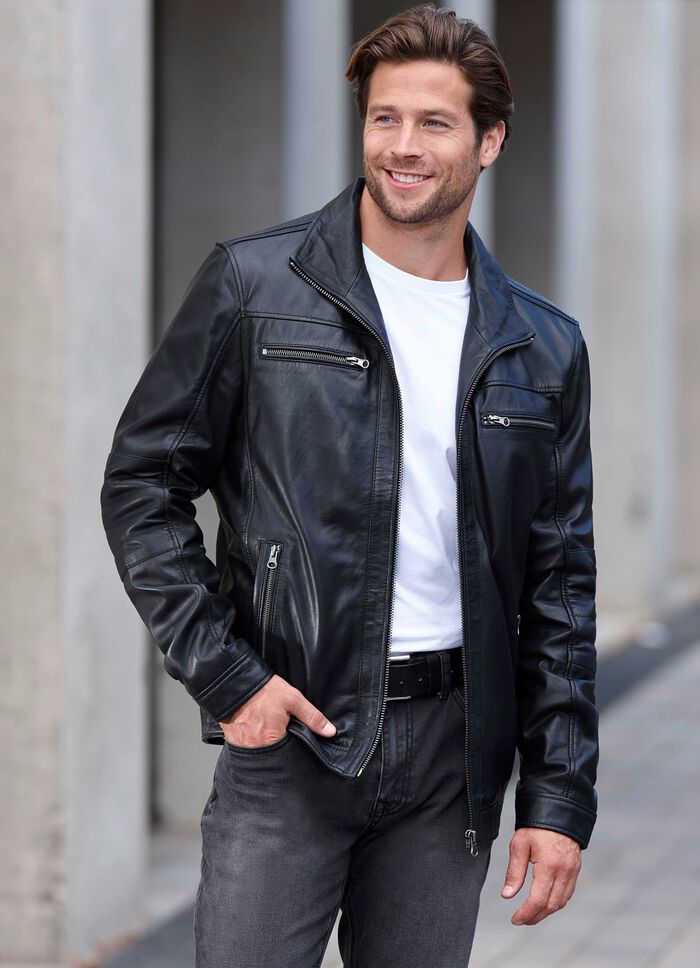 Kort leren jack met binnenzakken 