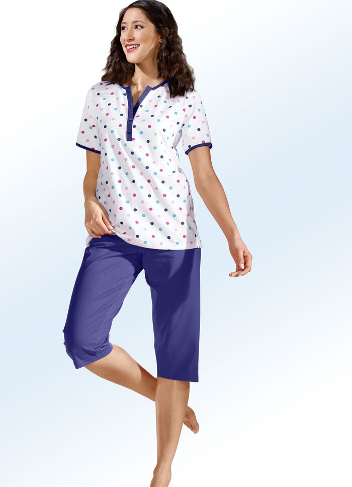 Set van twee pyjama&lsquo;s, met stippen, met lange en korte mouwen ECRU/MARINE