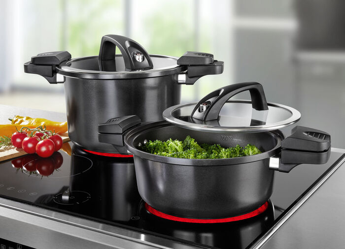 Energiebesparende pan met lagedruk snelkookpandeksel ZWART