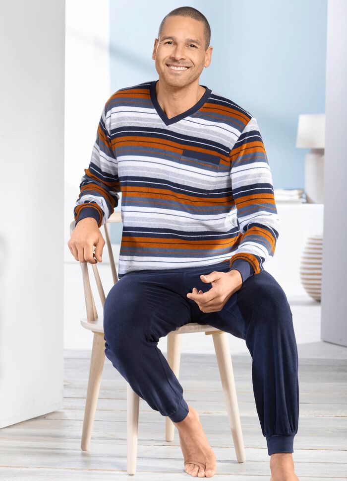 Badstof stretch pyjama met V-hals en manchetten 