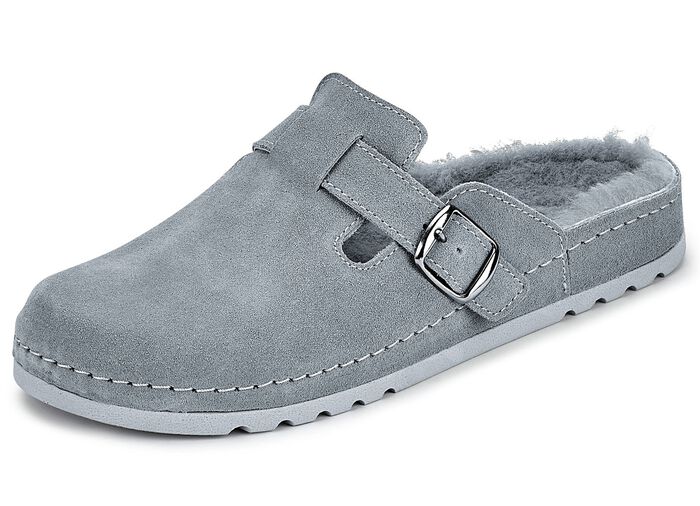 Mubb, klassieke damespantoffels, breedte H, met lamsvacht LICHTGRIJS