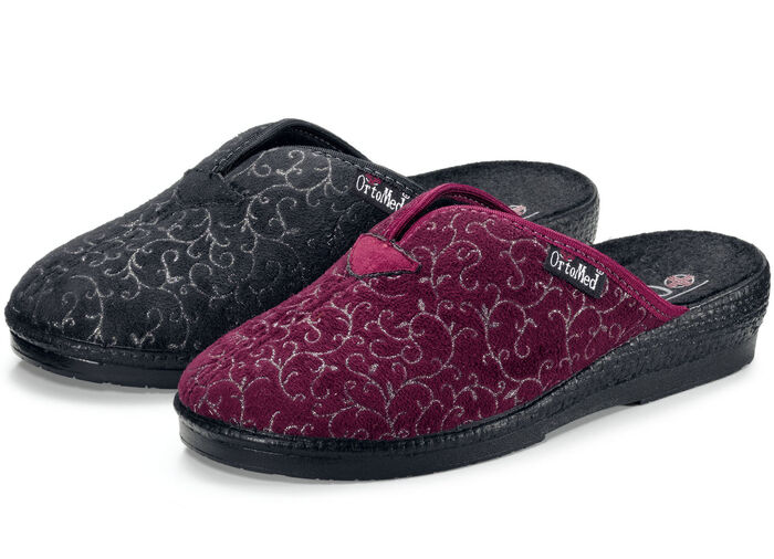 Tweepack klassieke damespantoffels, breedte H, met bedrukt veloursmateriaal 1x BORDEAUX 1x ZWART