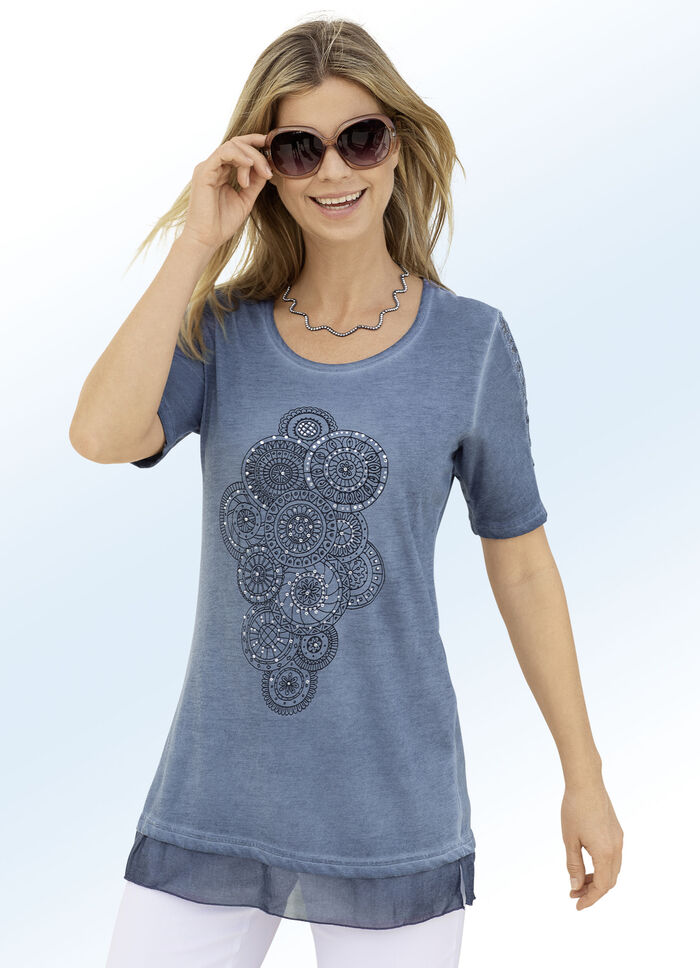 Lang shirt met kanten inzetstukken op de mouwen in 3 kleuren JEANSBLAUW