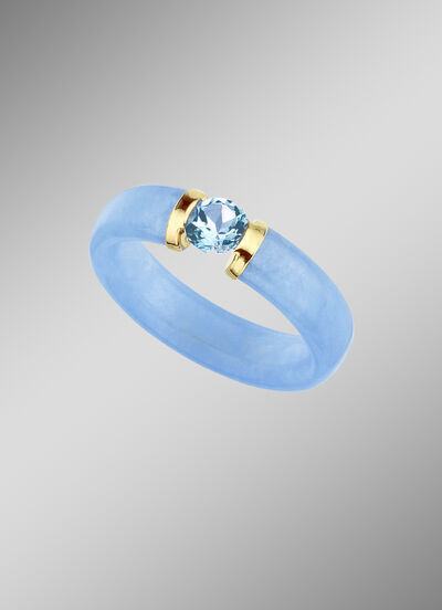 Damesring van blauwe jade en blauwe topaas 