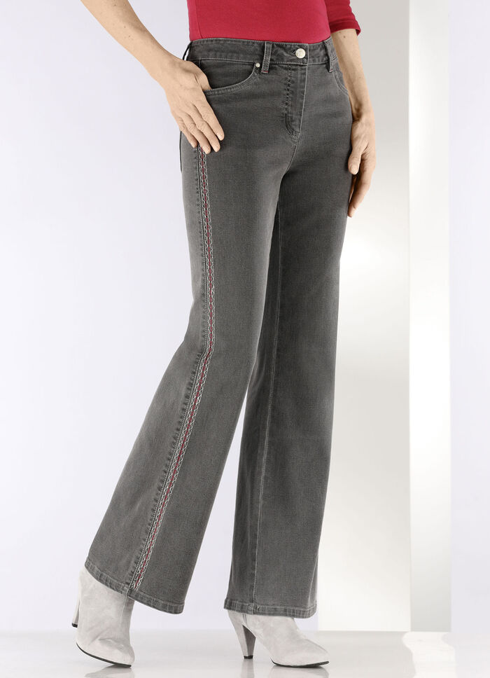 Jeans met decoratieve stiksels in etnische stijl GRAU