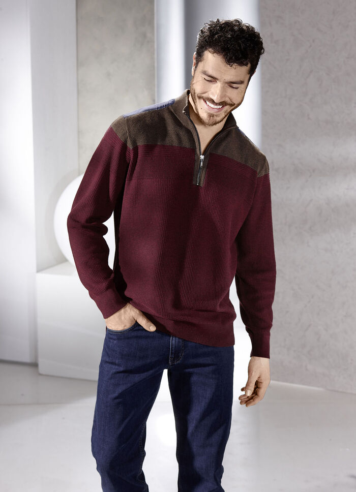 Trui met opstaande kraag en gemengde textuur WIJNROODBRUIN GEMÊLEERD