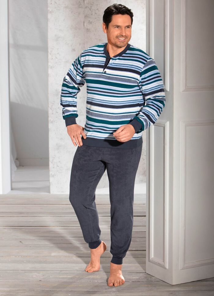 Pyjama van badstof-stretch, met knoopsluiting en manchetten 