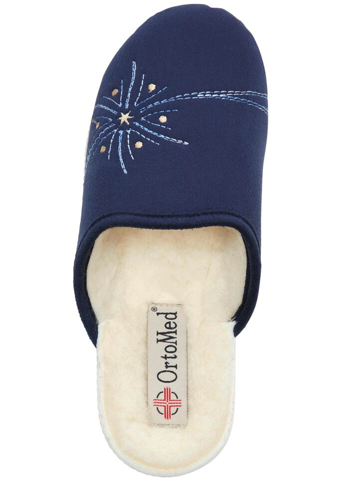 Tweepak warme damespantoffels, breedte H, met wol TAUPE+DONKERBLAUW