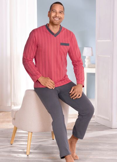 Pyjama met strependessin, V-hals en borstzakje 