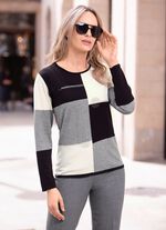 Trui met decoratieve bordversiering ZWART-GRIJS GEM&Ecirc;LEERD-ECRU