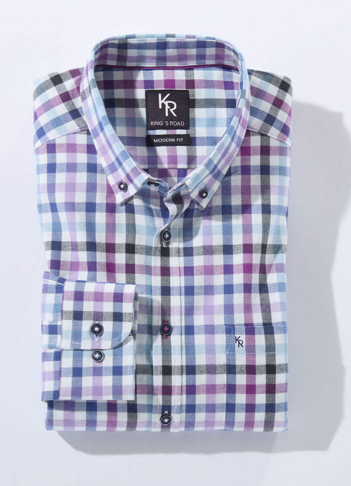 "King's Road" overhemd met button-down kraag in 4 kleuren LILAC-BLAUW-ECRU GERUIT