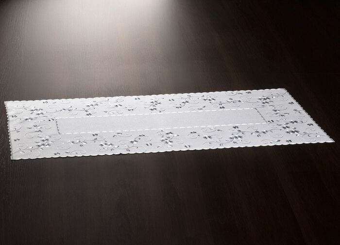 Geborduurde tafel- en kamerdecoratie met bloemenrand WIT-GRIJS