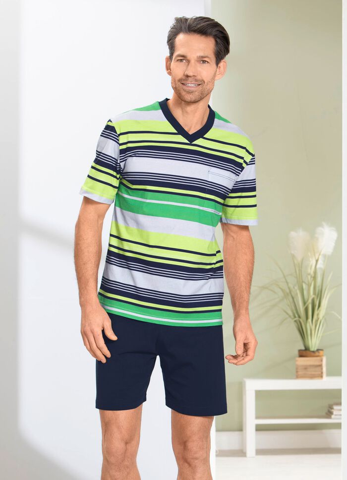 Shorty met V-hals en opgestikte borstzak, in gestreept dessin 